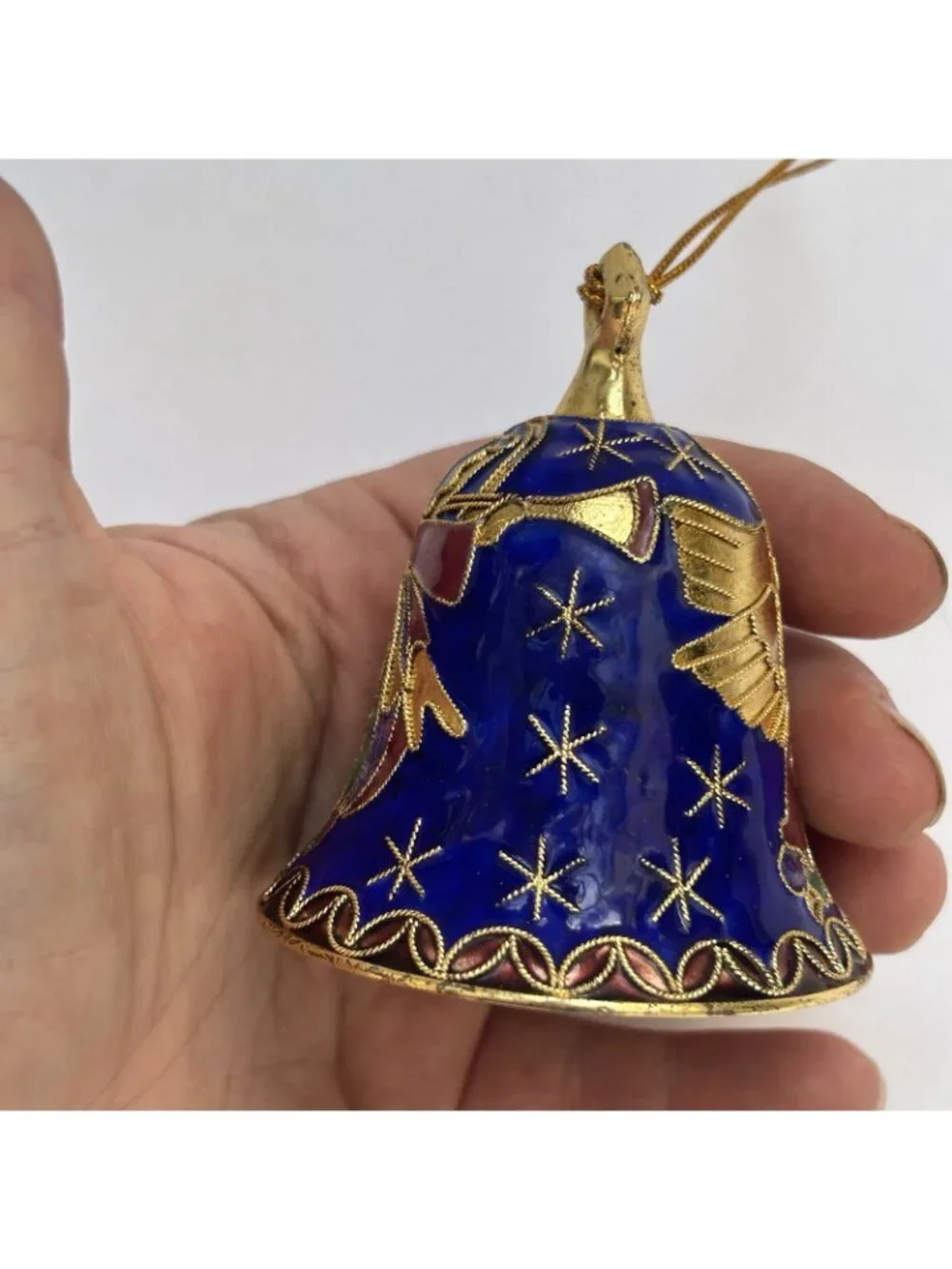 Vintage Enamel Cloisonne Bell Ornament Angel Blue Goldtone Collectible Christmas